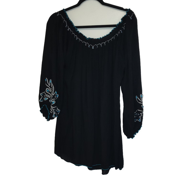 Krista Lee Top Womens XL Black Boho Beaded Embroidered Hippie Comfort Artsy Tuni - Picture 5 of 16